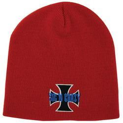 Beanie, Knit,  Embroidered, Iron Cross, Red, 100% Acrylicbeanie 