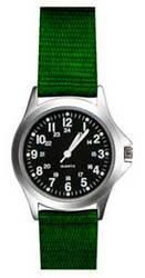Field Watch, Rugged, SS Case, Green Nylon Strap, Black Facefield 