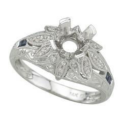 14K White Gold Square Blue Sapphire & Round Diamond Ringwhite 