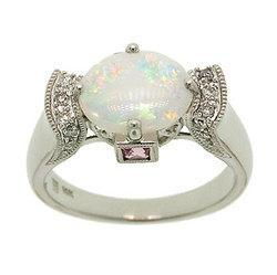 Oval Cut Opal Pink Tourmaline Diamond 14K White Gold Milgrain Ringoval 