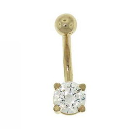 10KT Solid Yellow Gold Belly Ring Barbell w/ CZ Diamond