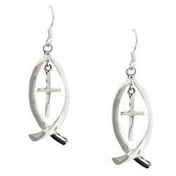 Sterling Silver Christian Fish and Cross Dangle Earrings