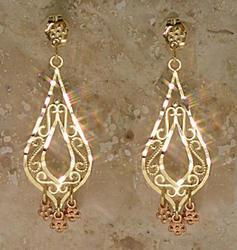 14K Rose Yellow Gold Heart Chandelier Diamond Cut Earrings