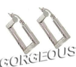 14K White Gold Diamond Cut Square Hoop Earringswhite 