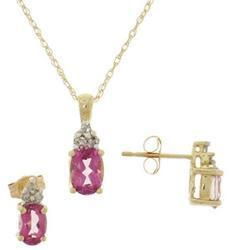 Pink Topaz and Diamond Gold Earrings Pendant Set