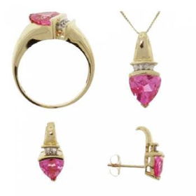 10KT Gold Pink Topaz Diamond Earring Pendant Ring Set