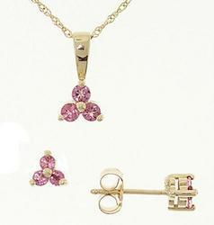 Pink Topaz 14K Gold Flower Pendant Earrings Set