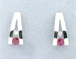 Ladies Ruby and Diamond 14K Gold J Hoop Earringsladies 