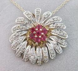 Ruby Diamond and Gold Flower Pendant with Gold Chain