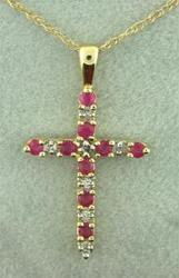 Ladies Ruby and Diamond Gold Cross Pendant Necklace