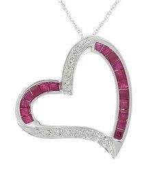 Baguette Ruby and Diamond White Gold Heart Pendant Chain