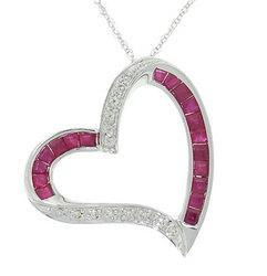 Baguette Ruby and Diamond White Gold Heart Pendant Chainbaguette 