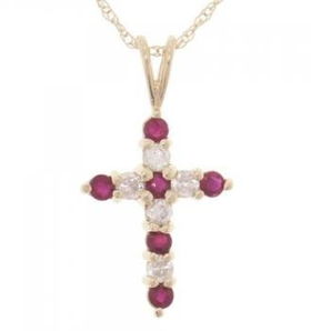 14KT Gold Cross Pendant w/ 18in Long Chain Ruby Diamondgold 