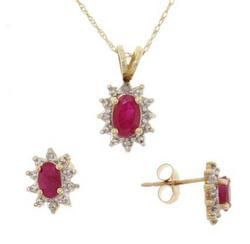 Ruby and Diamond Gold Pendant Chain and Earrings Set