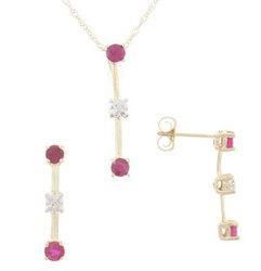Ruby and Diamond Gold Earrings Pendant w/Chain Set