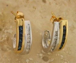 Sapphire Diamond 14K Two-tone Gold J Hoop Earringssapphire 