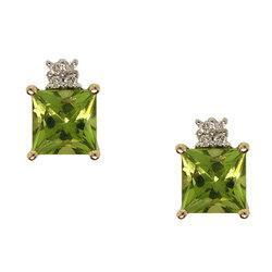 Princess Cut Peridot Diamond 14K Gold Stud Earringsprincess 