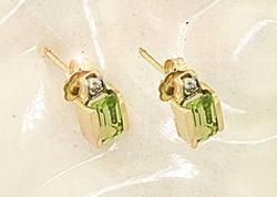 Emerald cut Peridot and Diamond Gold Stud Earringsemerald 