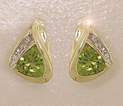 Trillion cut Peridot and Diamond Gold Stud Earringstrillion 