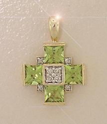 Princess cut Peridot Diamond Gold Cross Pendant
