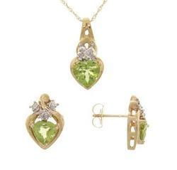 Heart Cut Peridot Diamond Gold Stud Earrings and Pendant Necklace Setheart 