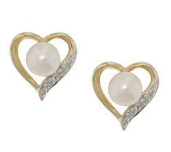 White Pearl and Diamond Two-Tone 14k Gold Heart Earringswhite 