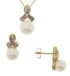 White Pearl Diamond Gold Earrings Pendant Set Chain