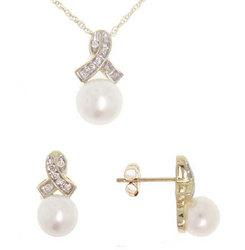 White Pearl and Diamond Gold Ribbon Earrings Pendant Chain Set