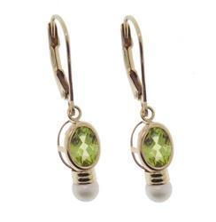 Oval Peridot and White Pearl 14K Gold Dangle Hoop Earringsoval 