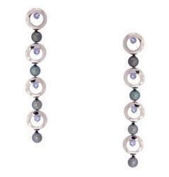 Cultured Saltwater Black Pearl Tanzanite 14K White Gold Dangle Drop Circle Stud Earringscultured 