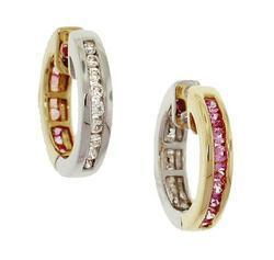 Pink Sapphire Diamond 14K Two-Tone Gold Hoop Earringspink 