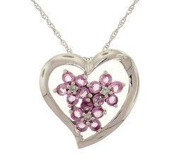 Pink Sapphire Diamond 14K White Gold Flower Heart Pendant Necklace