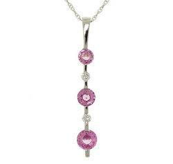 3 Stone Pink Sapphire Diamond 14K White Gold Drop Pendant Necklace