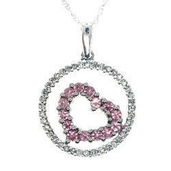 Pink Sapphire Diamond White Gold Heart Circle Dangle Pendant Necklace