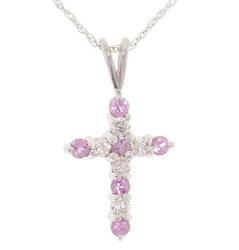 Pink Sapphire and Diamond 14K White Gold Cross Pendant Necklace