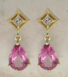 Pear cut Pink Topaz and Diamond Gold Dangle Earringspear 