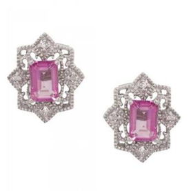 Milgrain 14KT White Gold Stud Earrings Pink Topaz Diamondmilgrain 