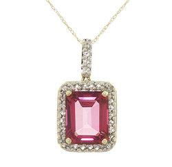 Emerald Cut Pink Topaz Diamond Gold Dangle Pendant Necklace