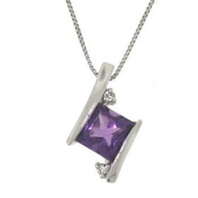 White Gold Pendant & 18 Inch Necklace Amethyst Diamondwhite 