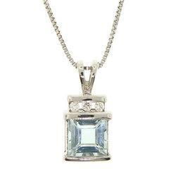 Princess cut Aquamarine 14K White Gold Pendant Necklace with Diamonds-princess 
