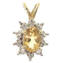 Oval Citrine and Two Diamond Gold Pendant-Ten Karatoval 