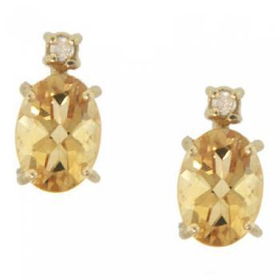 Yellow 14KT Gold Stud Earrings Oval Citrine & Diamondyellow 