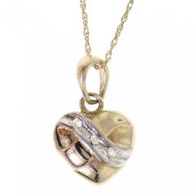 10KT Yellow Gold Puff Heart 3 Stone Diamond Pendant Necklaceyellow 