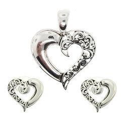 Sterling Silver Filigree Heart Pendant and Stud Earrings Set