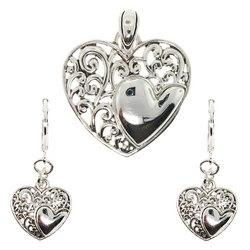 Sterling Silver Filigree Dangle Heart Pendant and Leverback Hoop Earrings Set