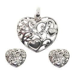 Sterling Silver Filigree Dangle Heart Pendant and Stud Earrings Set