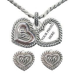 Sterling Silver Dangle Heart Picture Frame Necklace and Stud Earrings Setsterling 