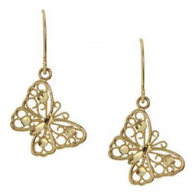 14KT Gold Butterfly Dangle Earrings Filigree Accentsgold 