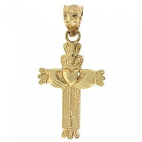 14KT Yellow Gold Cross Pendant Claddagh Accentyellow 