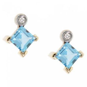 Two Tone Gold Stud Earrings Princess Blue Topaz Diamondtwo 